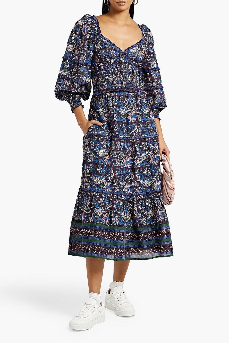 Sea Noah Shirred Tiered Floral Print Navy Blue Cotton Midi Dress Size 2